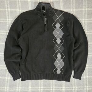 Oscar de la Renta 2013 Black and Gray Argyle Quarter Zip Preppy Sweater Mens XL